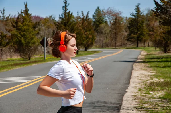 Happy Sporty Woman Running Listening Music Female Fitness Training — Stock Photo, Image