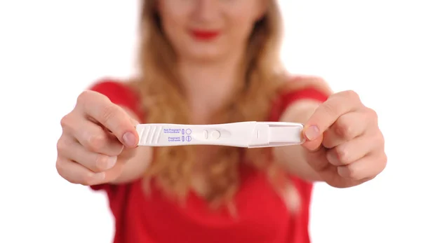 Gravid Test Lycklig Kvinna Visar Ett Positivt Graviditetstest — Stockfoto