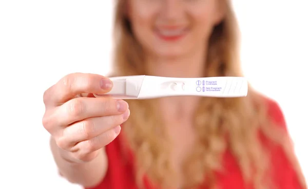 Gravid Test Lycklig Kvinna Visar Ett Positivt Graviditetstest — Stockfoto