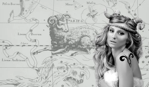 Astrology. Aries Zodiac Sign. Beautiful woman with horns