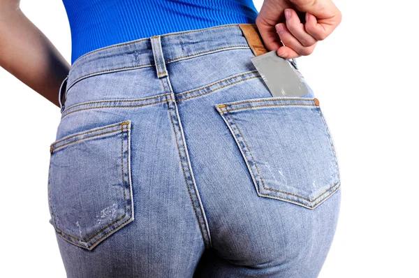 Preservativos Pacote Bolso Calças Ganga Traseiras Mulher Jeans Colocando Preservativo — Fotografia de Stock