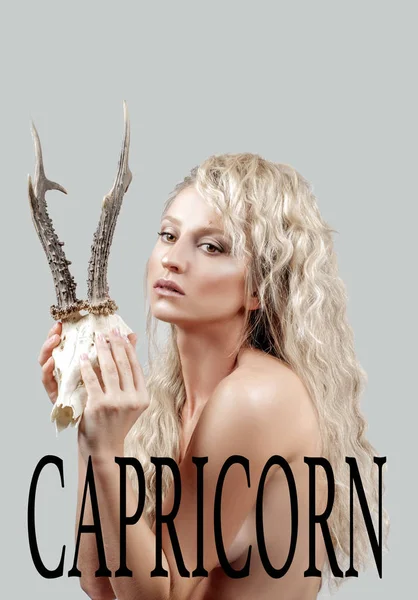 Astrology Capricorn Zodiac Sign Beautiful Woman Horns — Stock Photo, Image
