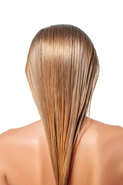 Concepto Cuidado Del Cabello Mujer Rubia Con Pelo Largo Húmedo — Foto de Stock