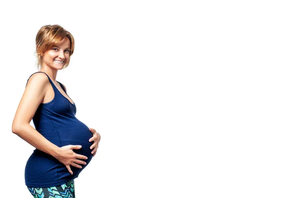 Young Happy Pregnant Woman Touching Her Belly Hands Love Concept — Stock Photo, Image