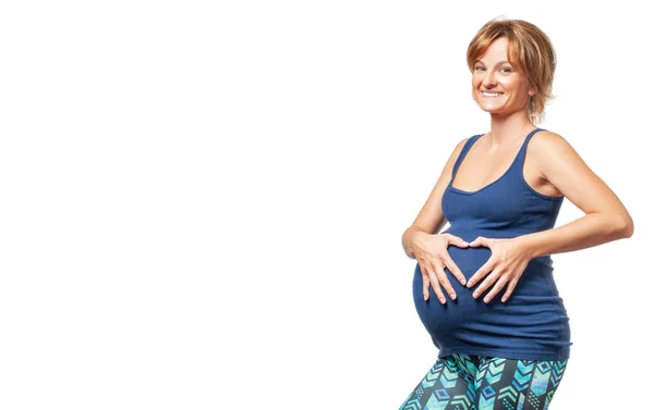 Joven Mujer Embarazada Feliz Tocando Vientre Con Las Manos Concepto —  Fotos de Stock