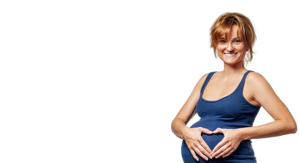 Joven Mujer Embarazada Feliz Tocando Vientre Con Las Manos Concepto — Foto de Stock