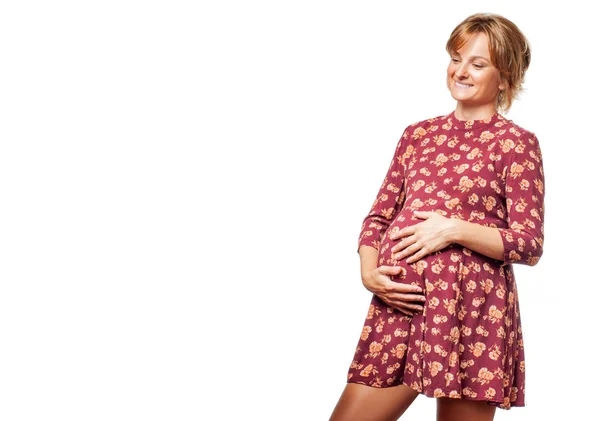 Ung Glad Gravid Kvinna Röra Hennes Mage Med Händerna Kärlek — Stockfoto