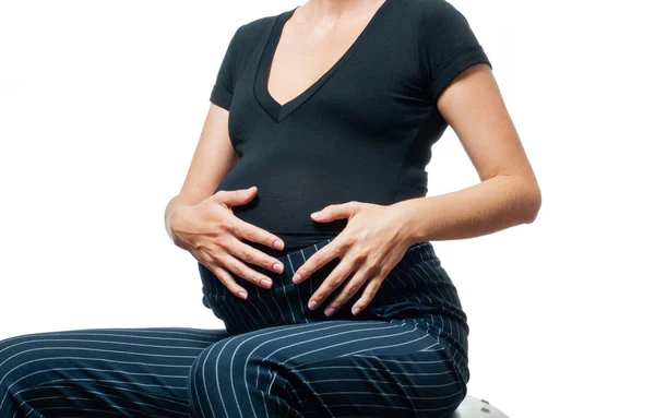 Young Happy Pregnant Woman Touching Her Belly Hands Love Concept — Stock Photo, Image