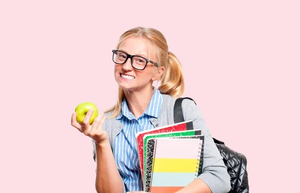 Mutlu Genç Öğrenci Kız Kitap Lise Üniversite Graduand Pembe Arka — Stok fotoğraf