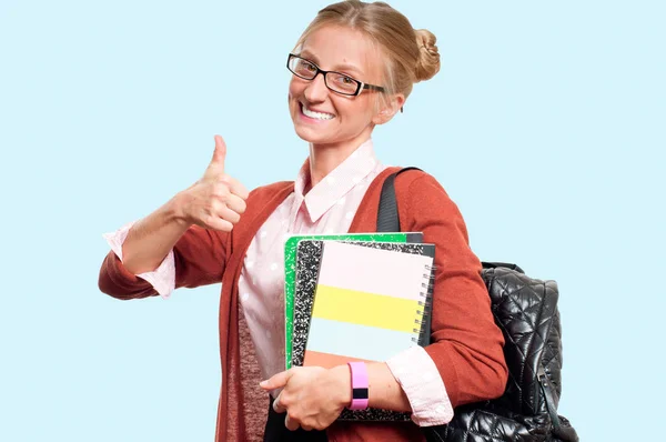 Heureuse Jeune Étudiante Tenant Des Livres Diplômée Lycée Université Sur — Photo