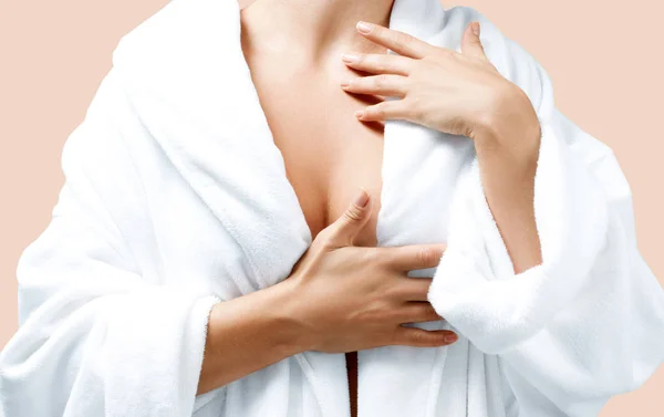 Body Care Concept Beautiful Woman Bath White Bathrobe Pastel Background — Stock Photo, Image