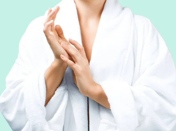 Body Care Concept Beautiful Woman Bath White Bathrobe Green Background — Stock Photo, Image