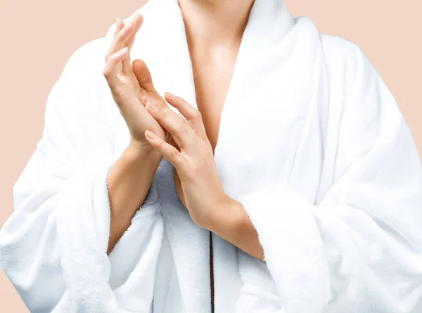 Body Care Concept Beautiful Woman Bath White Bathrobe Pastel Background — Stock Photo, Image