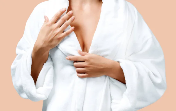 Body Care Concept Beautiful Woman Bath White Bathrobe Pastel Background — Stock Photo, Image
