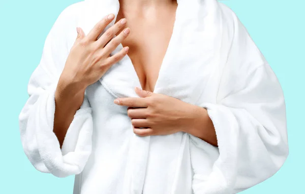 Body Care Concept Beautiful Woman Bath White Bathrobe Green Background — Stock Photo, Image