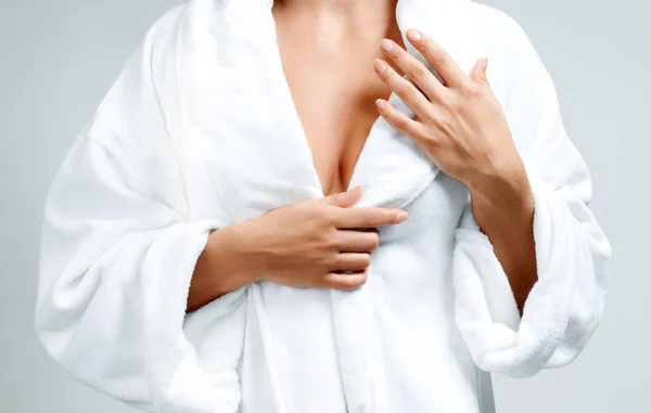 Body Care Concept Beautiful Woman Bath White Bathrobe Gray Background — Stock Photo, Image