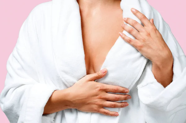 Body Care Concept Beautiful Woman Bath White Bathrobe Pink Background — Stock Photo, Image