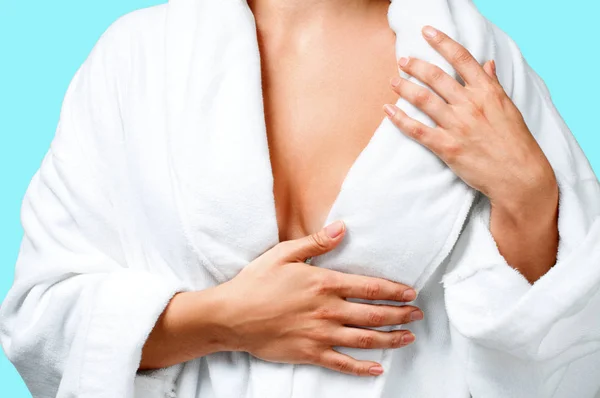 Body Care Concept Beautiful Woman Bath White Bathrobe Blue Background — Stock Photo, Image