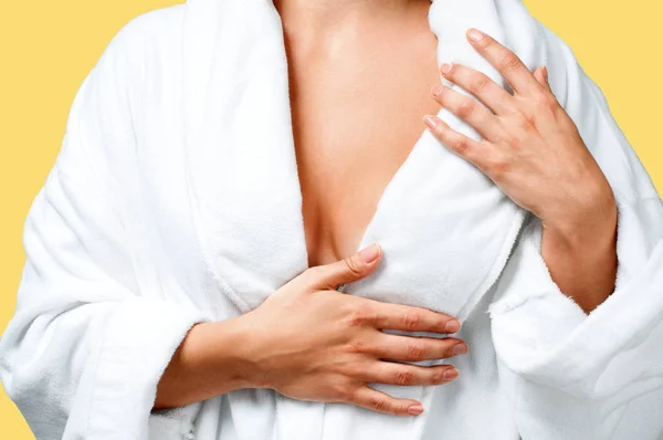 Body Care Concept Beautiful Woman Bath White Bathrobe Yellow Background — Stock Photo, Image