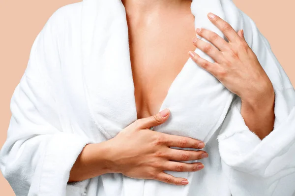 Body Care Concept Beautiful Woman Bath White Bathrobe Pastel Background — Stock Photo, Image