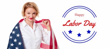 Doğum günün kutlu olsun. Beyaz arka plan üzerinde ABD bayrağı ve iş kadın