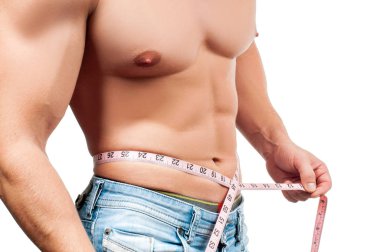  Kaslı adam onun bel ölçüm kusursuz bir beden ile. Vücut kas gövde ve altı paketi ile