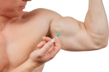 Steroid enjeksiyonu kolundan alarak vücut geliştiricisi. Adam Steroid alıyor