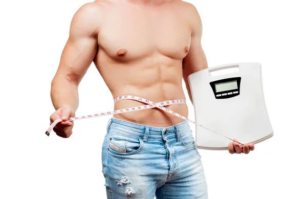 Homem Musculoso Com Corpo Perfeito Medindo Cintura Fisiculturista Com Tronco — Fotografia de Stock