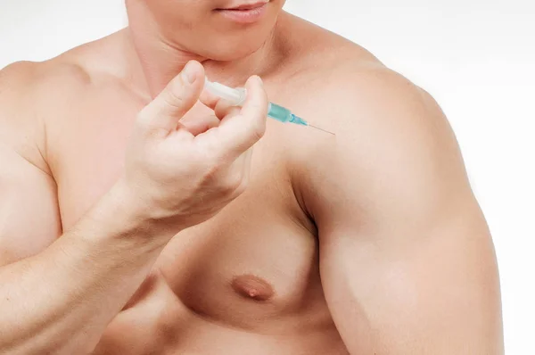 Bodybuilder Der Steroide Die Schulter Spritzt Mann Nimmt Steroide — Stockfoto