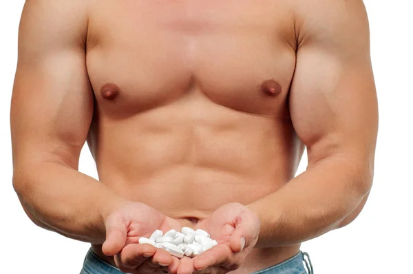 Homem Fisiculturista Tomando Esteróides Sob Forma Comprimidos Forma Pharma Progresso — Fotografia de Stock