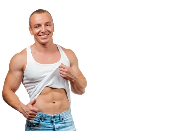 饮食和减肥的概念 肌肉发达的人 身体完美 健身男子显示六包 — 图库照片