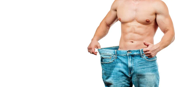 Uomo Che Indossa Grandi Jeans Dopo Dieta Concetto Perdita Peso — Foto Stock
