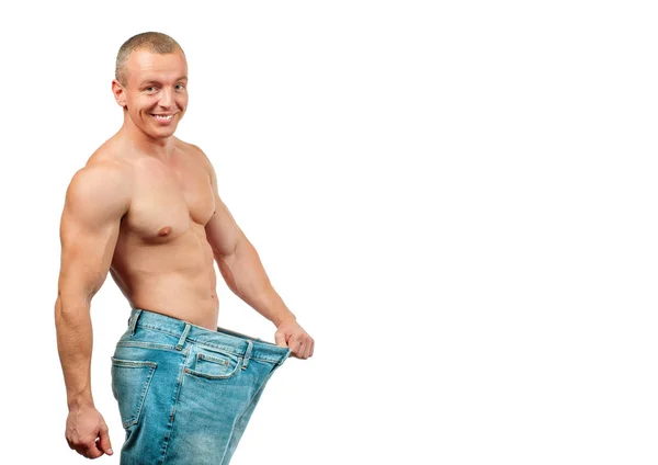 Man Wearing Big Jeans Diet Weight Loss Concept — Stock Photo, Image
