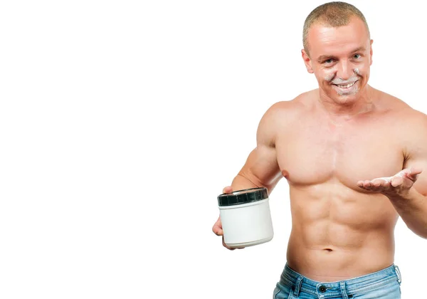 Bonito Homem Muscular Levando Nutrição Esportes Proteína — Fotografia de Stock