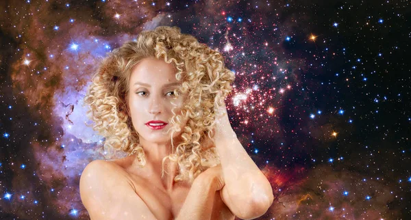 Leo Zodiac Sign on night sky background. Beautiful woman with wavy hair.