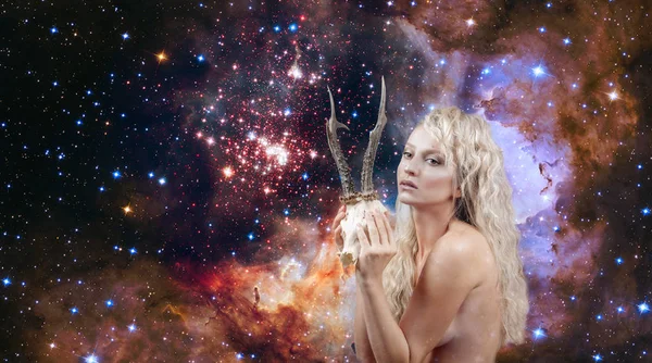Beautiful Woman Horns Capricorn Zodiac Sign Night Sky Background — Stock Photo, Image