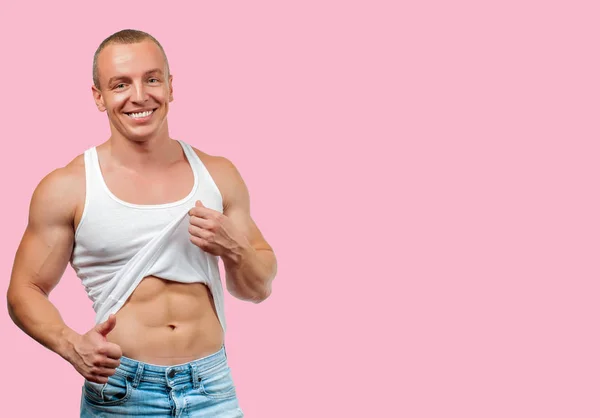 Dieta Conceito Perda Peso Homem Muscular Com Corpo Perfeito Sobre — Fotografia de Stock