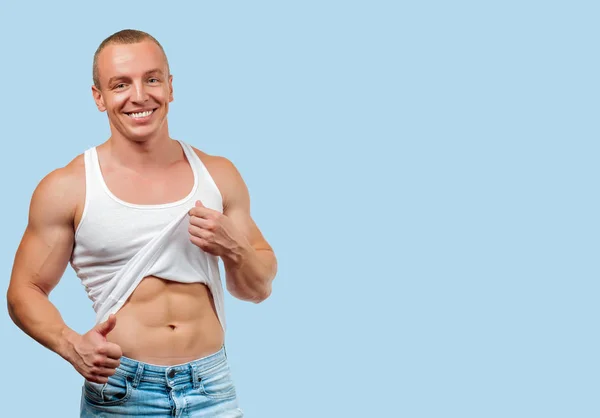 Dieta Conceito Perda Peso Homem Muscular Com Corpo Perfeito Fundo — Fotografia de Stock