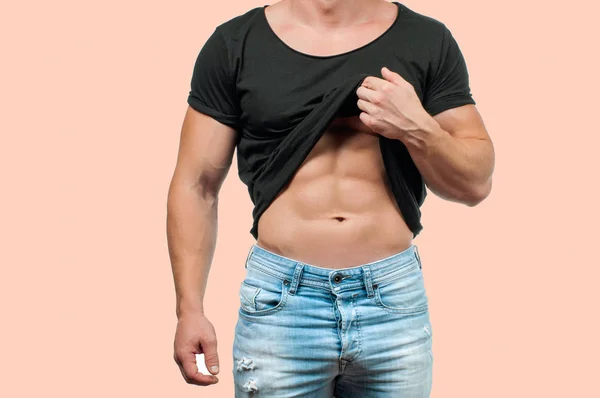 Dieta Perdita Peso Concetto Uomo Muscolare Con Corpo Perfetto Sfondo — Foto Stock