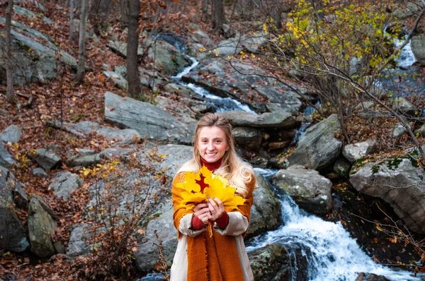 Женщина Осеннем Лесу Желтыми Листьями Улыбается Наслаждается Природой Концепция Путешествия — стоковое фото