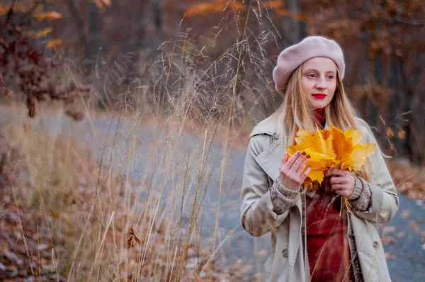 美丽优雅的金发女人 秋天的树林 — 图库照片