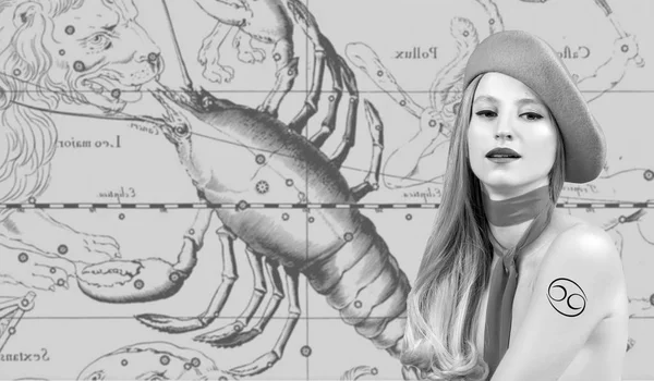 Знак Зодіаку Раку Астрологія Концепція Гороскопу Красива Жінка Рак Карті — стокове фото