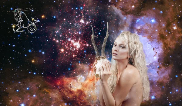 Capricorn Zodiac Sign Astrology Horoscope Concept Beautiful Woman Capricorn Galaxy — Stock Photo, Image