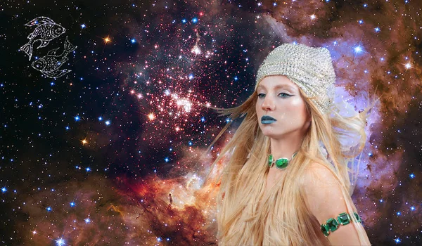 Fiskarna Stjärntecken Astrologi Och Horoskop Koncept Vacker Kvinna Fiskarna Galaxy — Stockfoto
