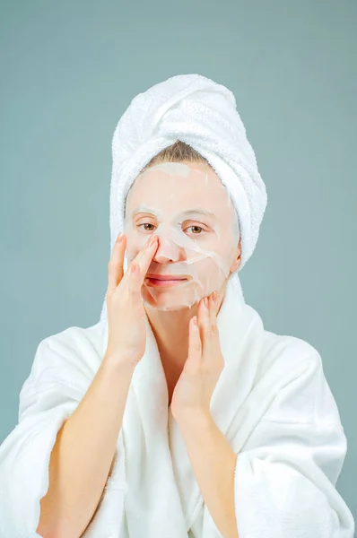 Facial Care Beauty Treatments Beautiful Woman Sheet Moisturizing Mask Her — Stock Photo, Image