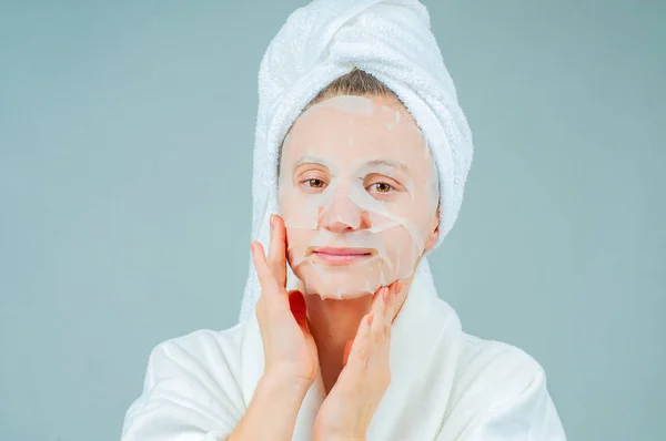 Facial Care Beauty Treatments Beautiful Woman Sheet Moisturizing Mask Her — Stock Photo, Image