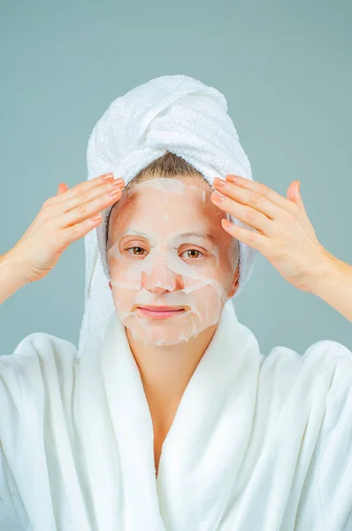 Facial Care Beauty Treatments Beautiful Woman Sheet Moisturizing Mask Her — Stock Photo, Image