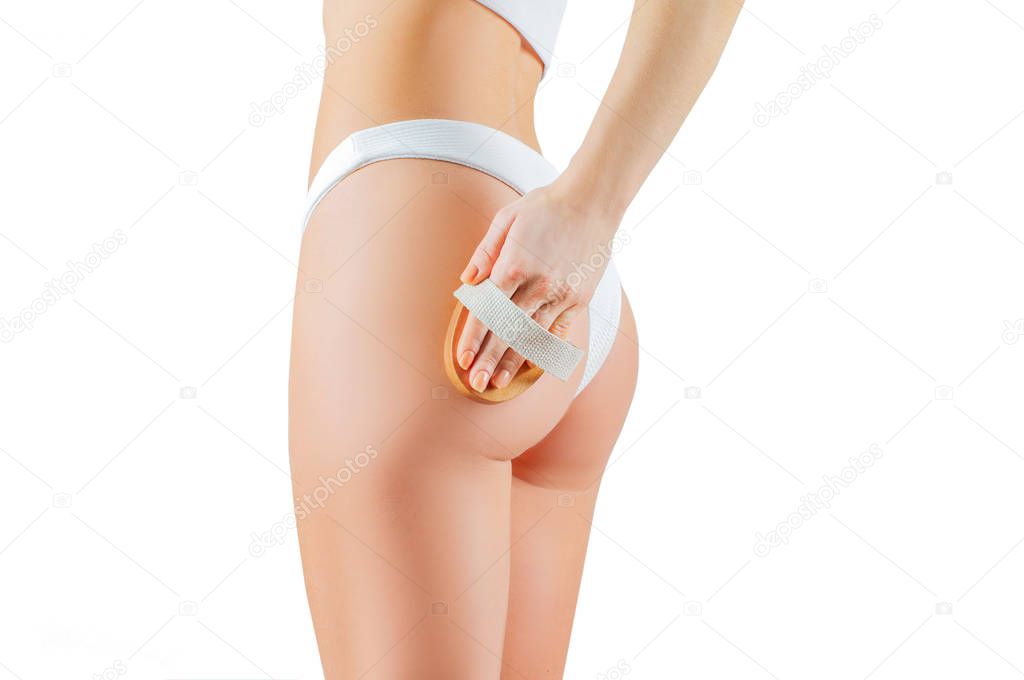 Anti cellulite treatment. Perfect female buttocks in underwear. Woman make anti cellulite massage