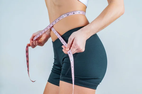 Diet Weight Loss Concept Woman Measuring Her Waist Measure Tape — Stock Photo, Image