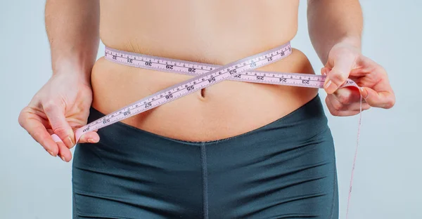 Overweight Woman Tape Measure Waist Woman Measuring Her Waistline Fat — Stock Photo, Image